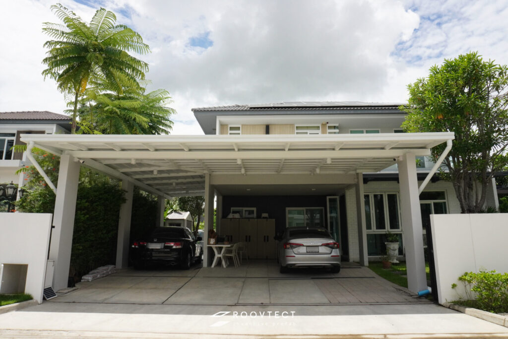 หลังคาโรงรถไวนิล โรงจอดรถไวนิล โรงรถหน้ากว้าง 3 คันจาก ROOVTECT