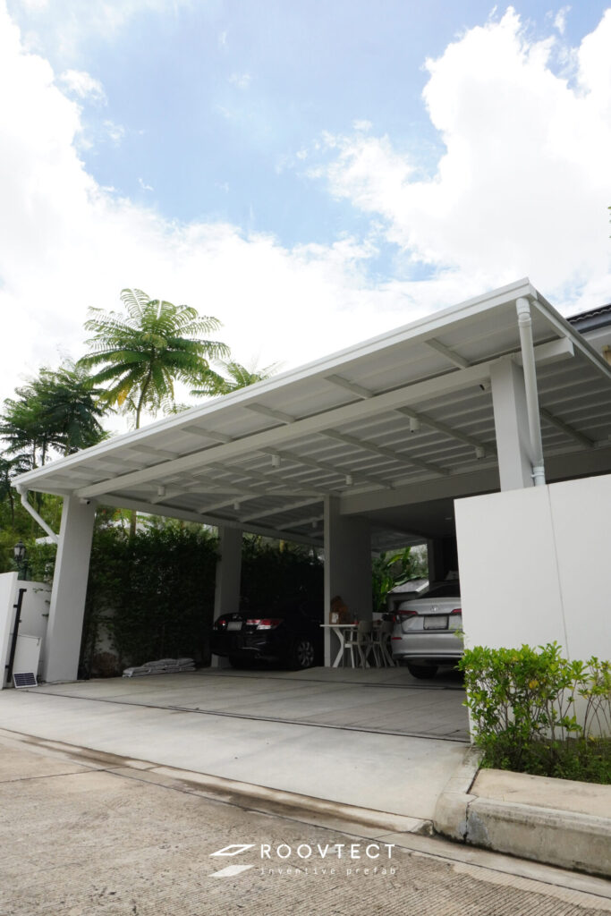 หลังคาโรงรถไวนิล โรงจอดรถไวนิล โรงรถหน้ากว้าง 3 คันจาก ROOVTECT